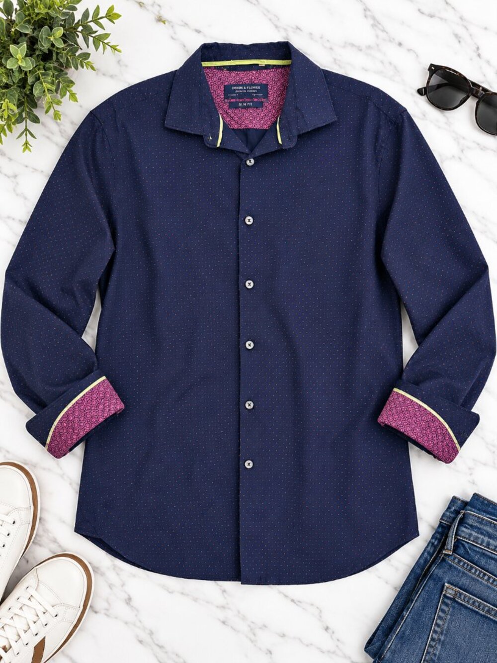 Denim & Flower Large Navy Dot Slim Fit Button Down Shirt Contrast Cuffs